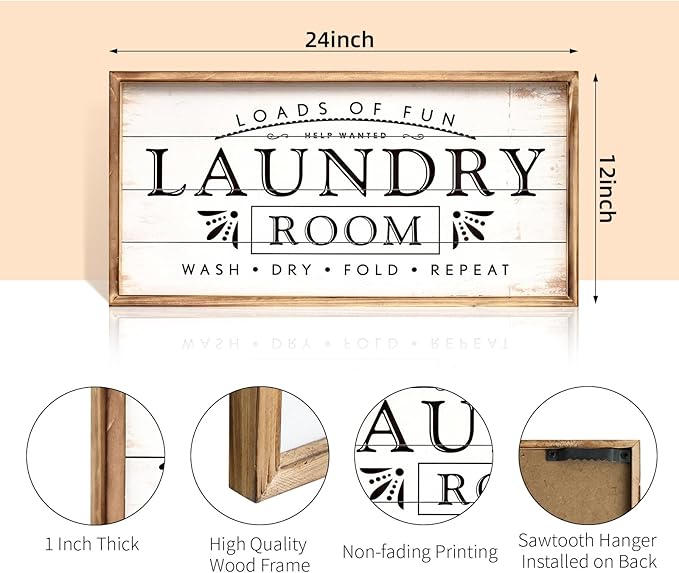 Large Laundry Sign for Laundry Decor, Loads of Fun Laundry Room Wooden Sign, 24 x 12 Inches Wood Framed Farmhouse Laundry Room Wall Decor