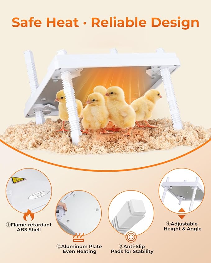12"x12" Chick Heat Plate | Adjustable Height Angle | Remote Precise Temp Control | 30W Low-Energy Heater | Stable Anti-Tip Frame | Suitable for Up to 20 Chicks & Indoor Brooding