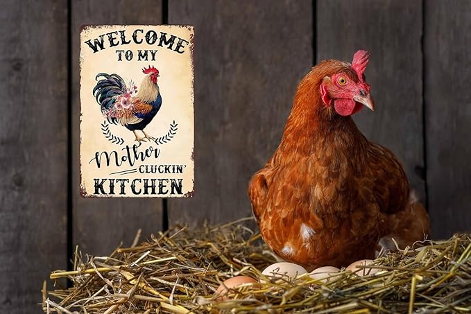 Retro Funny Chicken Tin Sign,Vintage Chicken Coop Metal Poster, Farm Wall Art Decor for Outdoor Home Fence Kitchen Bedroom,Gifts 8×12 Inches (WELCOME TO MY KITCHEN)