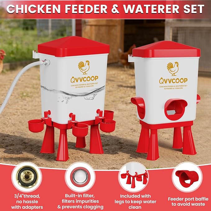 Chicken Feeder, Chicken Waterer with Float Valve, Automatic Poultry Feeder and Waterer Set for Duck Turkey, Chicken Coop Accessories, 3 Gallon Set(Upgraded), Red