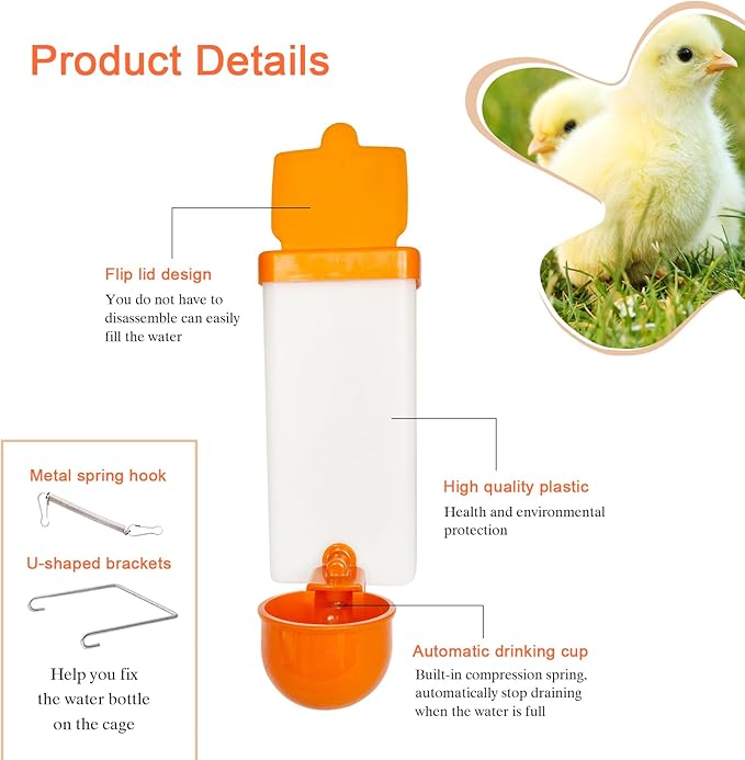 Automatic Waterer System Chick Drinker Cups 1L Hanging Automatic Fill Poultry Watering Cup Used for Cage (Orange, 1)
