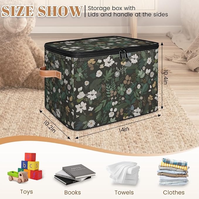 Boho Wildflowers Storage Bins with Lids, Sage Green Leaves Fabric Storage Boxes with Zipper, Collapsible Decorative Closet Organizer Cube for Clothes, Organizing, Shelves