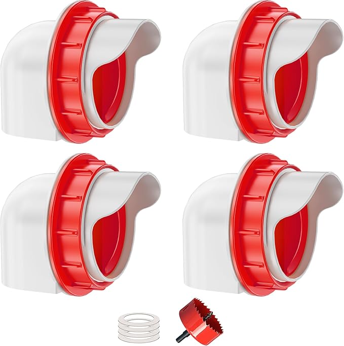 Large Chicken Feeders No Waste, DIY Automatic Poultry Feeder 4 Ports 3.74 in Hole Saw with Covers Gravity Feed Kit for Buckets Barrels Bins Troughs