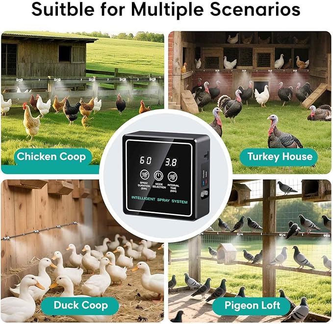Chicken Mister for Coop with Timer, 32FT Chicken Cooling System with 12 Brass Mister Nozzles, Filter, Cutter, Backyard Chicken Coop Mister, Water Mister for Chickens, Mister System for Outside Patio