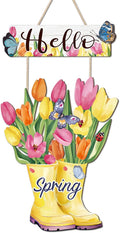 CHDITB Hello Spring Wooden Sign, Floral Butterfly Wooden Hanging Plaque, Tulip Flowers Front Door Hanger, Farmhouse Spring Sign Colorful Tulip Boots Wall Hanging For Porch Garden Fence Shop Decoration
