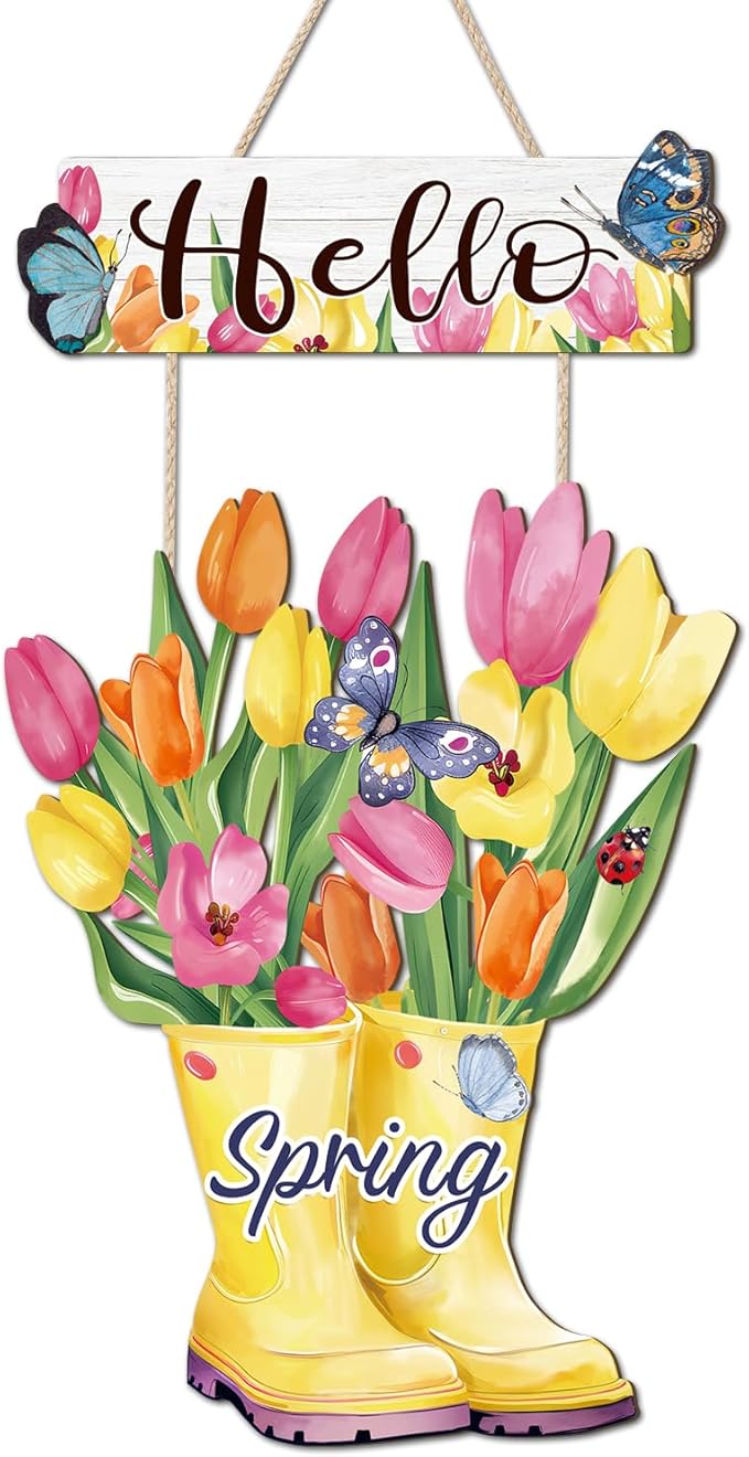 CHDITB Hello Spring Wooden Sign, Floral Butterfly Wooden Hanging Plaque, Tulip Flowers Front Door Hanger, Farmhouse Spring Sign Colorful Tulip Boots Wall Hanging For Porch Garden Fence Shop Decoration