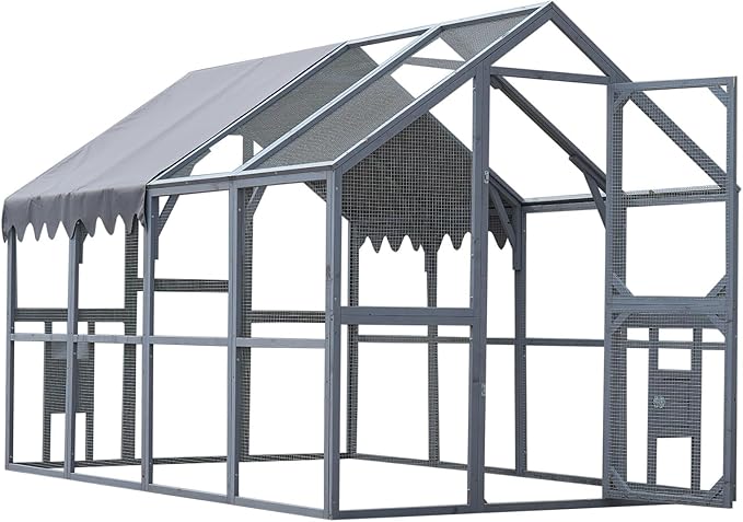 KEIKI 110" L Outdoor Large Chicken Coop with Waterproof Cover, Wire Mesh & 2 Lift Small Doors with Locks, Wood Chicken Coop House with Run for Cat Kitten Playpen, Duck, Rabbit, Quail