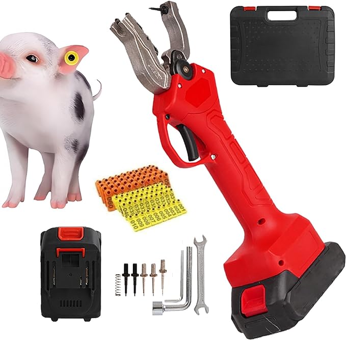 Electric Ear Tag Clip Kit with 100 Ear Tags &2*Battery, Portable Livestock Tagging Tool,for Cattle, Sheep, Pigs