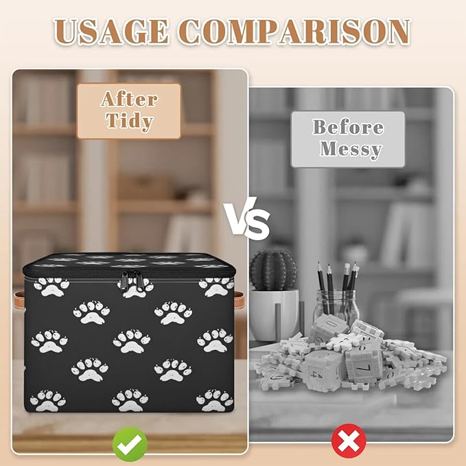 Storage Cubes with Lid Fabric Storage Bins Boxes PU Leather Handles, Paw Print Closet Organizer Container Foldable Washable Shelf Cloth Basket, Cute Dog Cat Paw