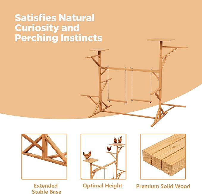 Large Wooden Chicken Perch Stand Roosting Bars with 2 Swings, Multi-Level Chicken Playground for Hens, Ducks & Pigeons, Sturdy Fir Wood Hens Jungle Gym for Coop or Backyard