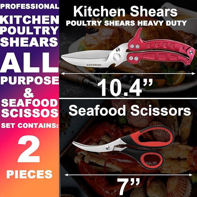 Heavy Duty Poultry Shears Seafood Scissors 2pcs set,Kitchen Shears for food Heavy Duty,Kitchen Scissors All Purpose,Chicken,Fish,Meat,Seafood, Easy to Cleaning,Dishwasher Safe