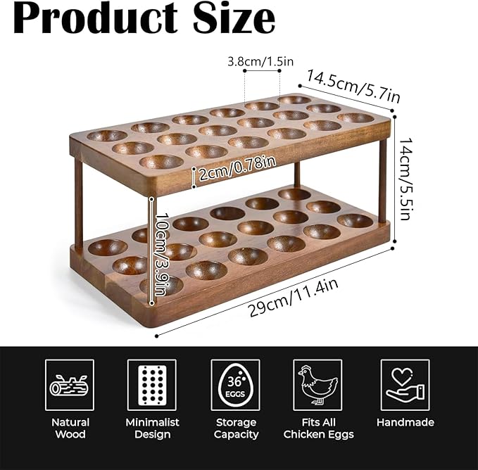 Acacia Wood Egg Holder for 36 Eggs, Rustic Countertop and Refrigerator Storage Tray, Farmhouse Kitchen Organizer with 1.5" Holes, Easy Clean Deviled Plates for Easter Decor,11.5" x 5.75" (2)