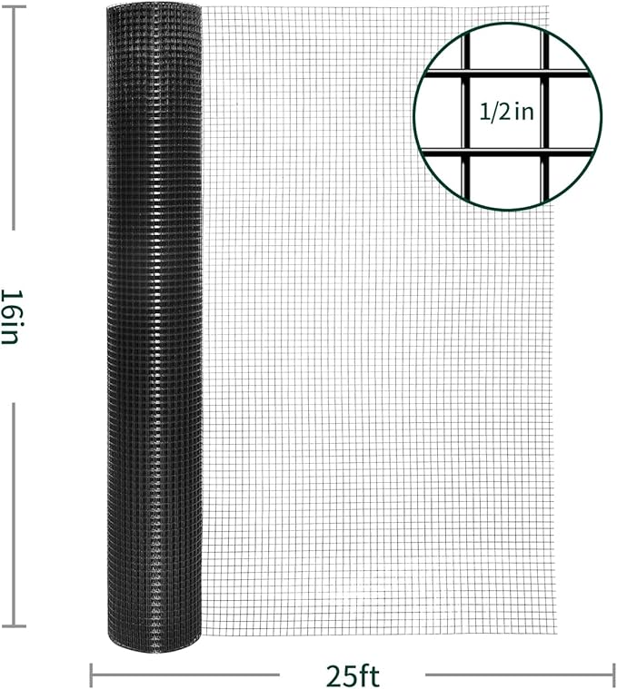 Hardware Cloth 1/2 inch, Black Vinyl Coated Hardware Cloth 19 Gauge 16 inch x 25 ft Black PVC Welded Wire Fence for Poultry Netting, Garden Fencing, Tree Guard Rolls and Cage Fence