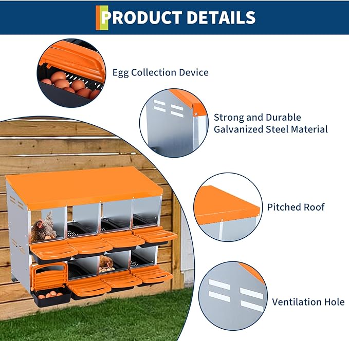 Chicken Nesting Box, 8 Compartment Roll Away Eggs Laying Boxes