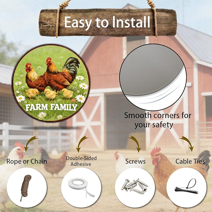 Round Vintage Chicken Metal Sign Farm Family Chicken Coop Sign Home Kitchen Coffee Wall Decor Art Poster 12 Inch