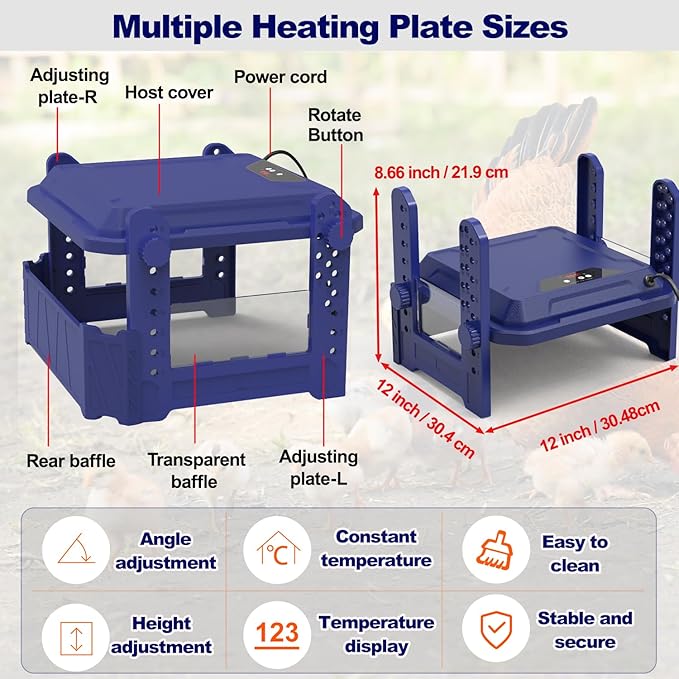 Chick Brooder Heating Plate with Adjustable Temperature, 12"x12" Chicken Brooder Heater for Baby Chicks, Ducklings, Safer Alternative to Heat Lamps, Adjustable Height, 65W Brooder Plate(Blue)