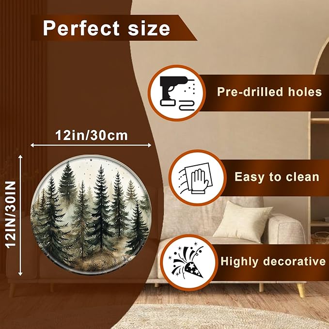 Tree Round Metal Tin Sign Wreath Retro Aluminum Design for Home Wall Decor Kitchen Garden Yard and Bar 12x12inch