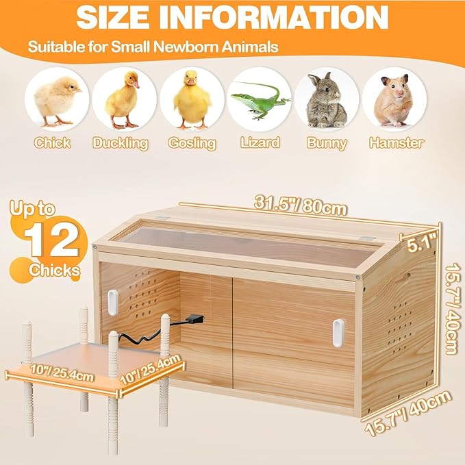 Brooder Box for Chicks(32x16x16 Inches) with Heating Plate Brooder Heater for Chick Brooder with Sliding Door Indoor Accommodates Up to 15 Chicks - Ideal for Chickens Ducks Quails Hamsters(Wooden)