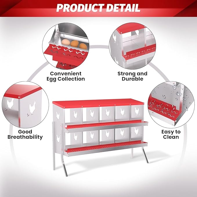 Metal Chicken Nesting Boxes, Heavy-Duty Galvanized Steel Egg Laying Box with 10 Compartments, Rustproof, Easy to Install & Clean, Wall-Mountable Design for Poultry Coops- Red with Stand