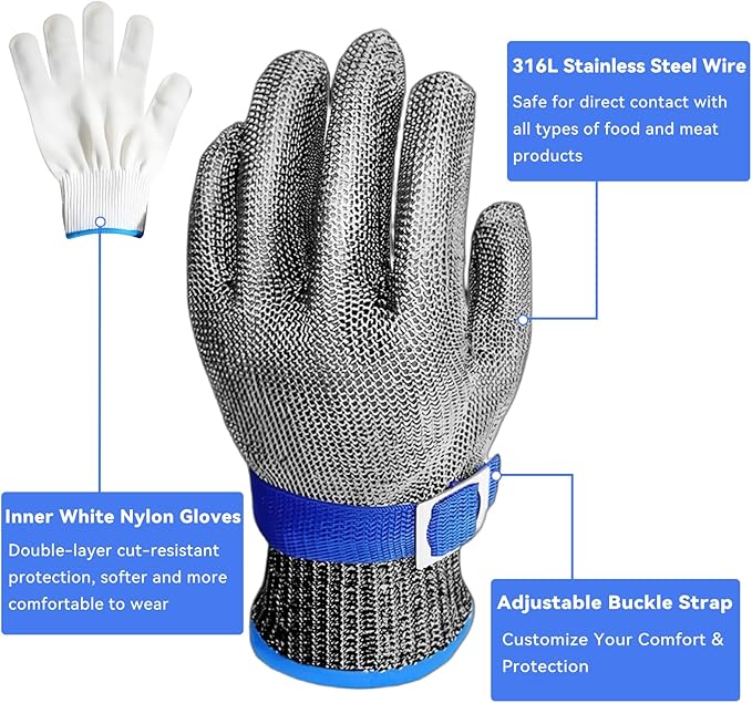 A9 Cut Resistant Chainmail Gloves – Stainless Steel Mesh Metal Glove with Adjustable Wrist Buckle & Nylon Liner Gloves