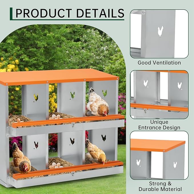 Chicken Nesting Boxes, 8 Hole Chicken Boxes for Laying Eggs with Lid, Metal Nesting Boxes for Chickens with Swing Perch and Roll Away Egg Collection for Chicken Coop, 1 Layer 3 compartments