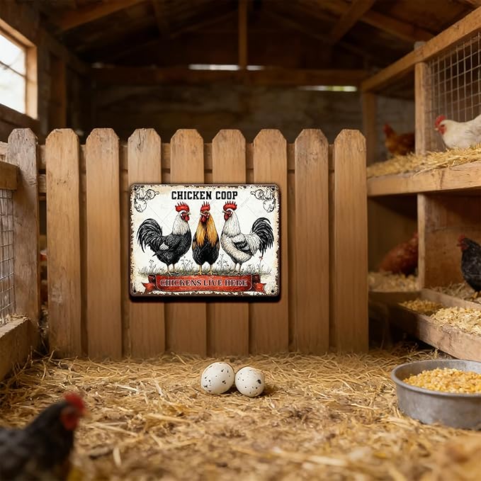 Funny Metal Tin Sign Chicken Coop Chickens Live Here Decoe for Farm Kitchen Garden Gift Metal Wall Art Rooster Hen Indoors or Outdoors 16x12 Inch