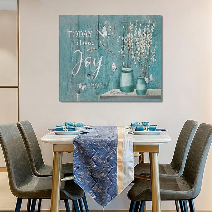 Farmhouse Teal Flower Wall Art Rustic Teal Floral Butterfly Pictures Wall Decor Country Pussy Willow Canvas Prints Flower Artwork Home Decoration For Bathroom Bedroom Kitchen Framed 24"x20"
