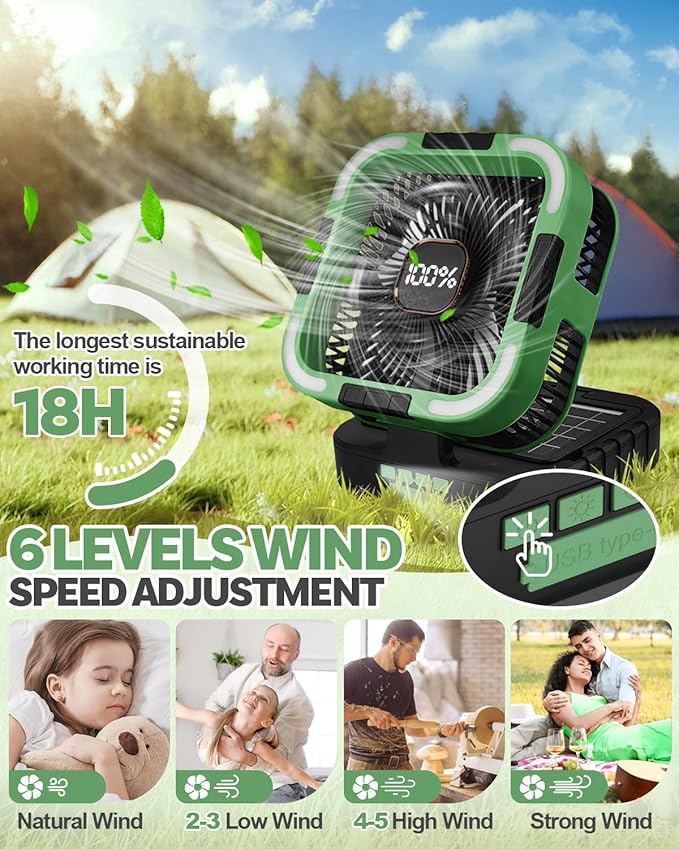 25000mah Camping Solar Fan, 120° Oscillation Rechargeable Solar Powered Fan with LED Light, 6 Adjustable Speeds Battery Powered Portable Fans, USB-C Fans for Travel Tent Camping Accessories