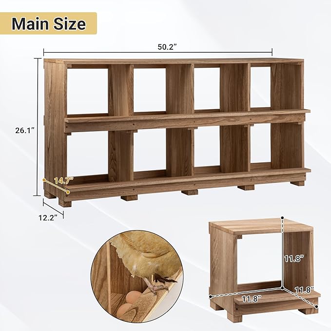Nesting Boxes for Chickens 8 Compartment, Wall-Mounted Wooden Chicken Nesting Box, Ensuring Comfortable Egg Laying, Preventing Egg Falls, Perfect for Backyard and Poultry Farms