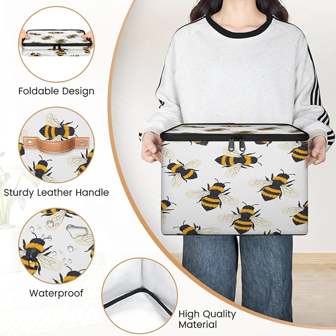 Storage Cubes with Lid Fabric Storage Bins Boxes PU Leather Handles, Cute Bee Closet Organizer Container Foldable Washable Shelf Cloth Basket, Honey Bee