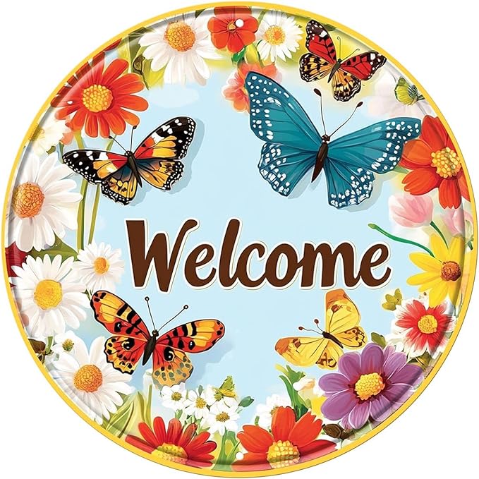 Round Metal Tin Sign Wreath Spring Flowers Butterflies Daisy Welcome Vintage Farmhouse Wall Decor for Front Door Porch Garden Home Outdoor 8x8inch