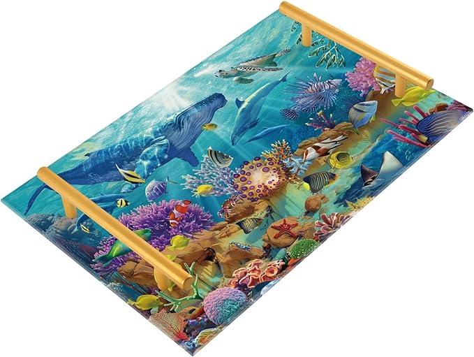 Bathroom Vanity Tray Counter Organizer, Vibrant Underwater Ecosystem Decorative Tray with Handles Countertop Storage for Bathroom Bedroom Kitchen Home Farmhouse