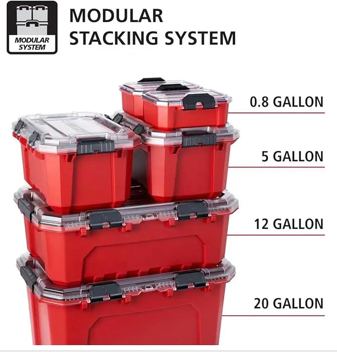 Professional Heavy Duty Waterproof Stackable Plastic Storage Container with Hinged Lid, Red, Rectangular, (0.8 Gal)