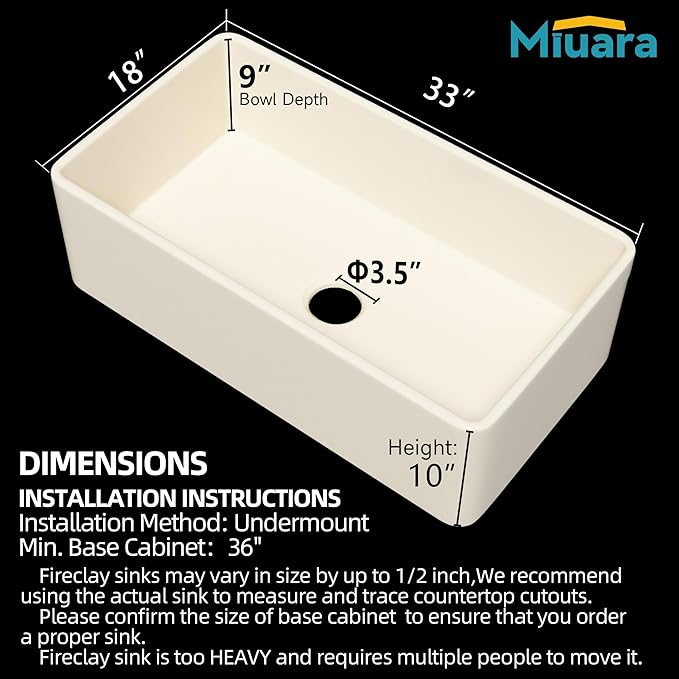 Bone Farmhouse Sink 33 Inch - Apron Front Kitchen Sink Reversible 33x18x10, Undermount Installation, Farm House Style Single Bowl, Heavy Duty Solid Fireclay, Bone Color, for Kitchen