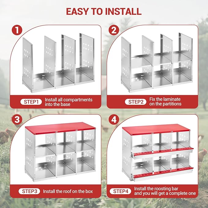 Heavy Duty Metal Chicken Nesting Box – 6 Compartments, Roll-Out Egg Collection, Pull-Out Tray, Swing Perch, Wall Mount, Easy Clean, for Hens & Ducks, Indoor/Outdoor, with Cover-Red, 96×48×71cm
