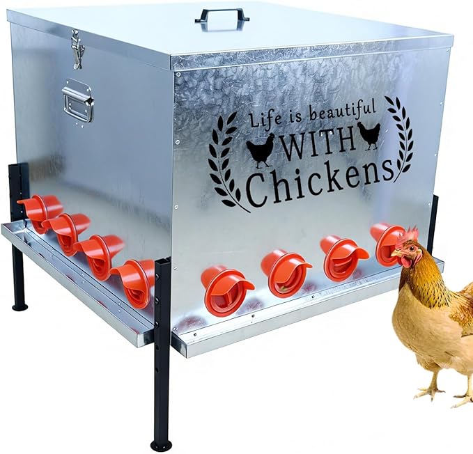 Upgraded 280 LB Automatic Large Capacity Chicken Feeder with Sturdy Adjustable Support Rod 16 Feeding Ports - Anti Waste Design Durable Poultry Feeder for Backyard Farms, Chicken Coops