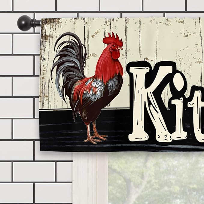 Rooster Chicken Kitchen Curtain Valance 54W x 18L Inch Farmhouse Rustic Country Rural Wood Wooden Fruit Rod Pocket Short Cafe Small Window Treatment Drapes Decor