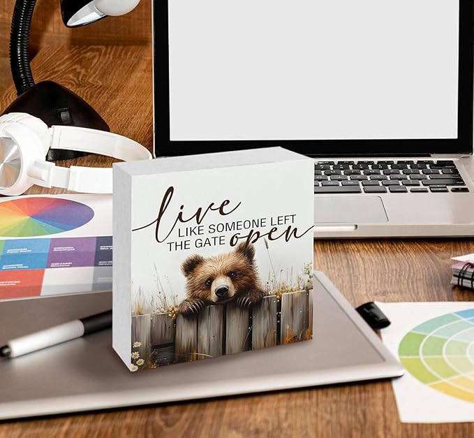 Rustic Bear Sign - Live Like Someone Left The Gate Open Wooden Box Signs, Bear Decorations For Home, Farmhouse Wood Decoration Home Decor For Desk Table Shelf 8x8 Inch Decorative Signs & Plaques