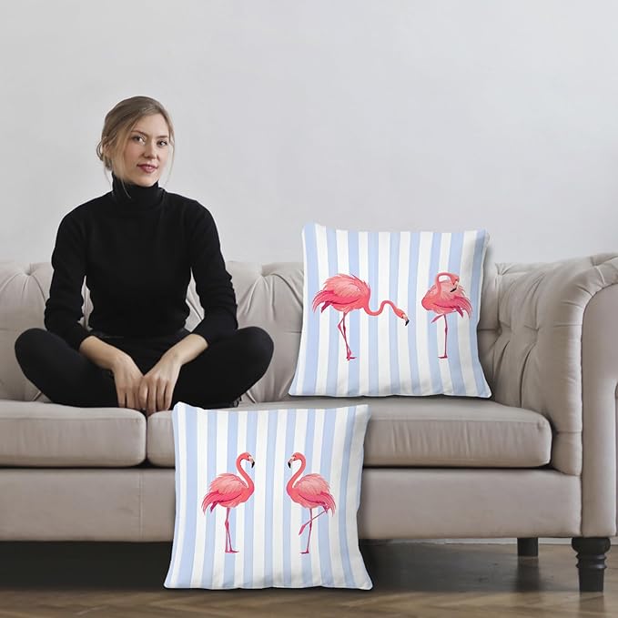 Flamingo Pillow Covers for Women 18x18 Set of 2, Blue and White Striped Throw Pillow Cases for Home Bedroom Living Room Decor, Gifts for Bird Lovers Decorative