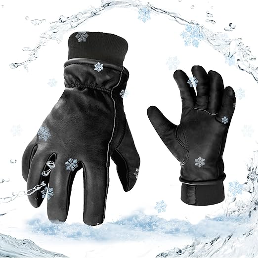 Vgo... 1 Pair 0℃/32℉ Goat Leather Outdoor Glove,Winter Warm Gloves,Cold Weather Driving Gloves,Windproof(Size L, Black, GA2152F)