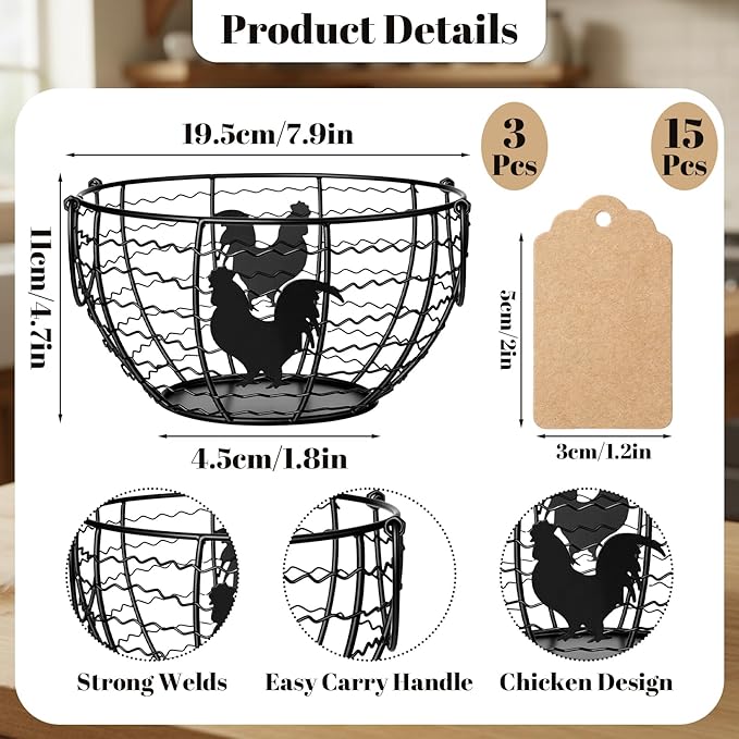 Rtteri 3 Pack Egg Basket for Gathering Fresh Eggs with Metal Handle Wire Egg Collecting Basket with Label Round Holder Countertop Rustic Farmhouse Vintage Rustic Farmhouse Kitchen Decor Fruit Storage