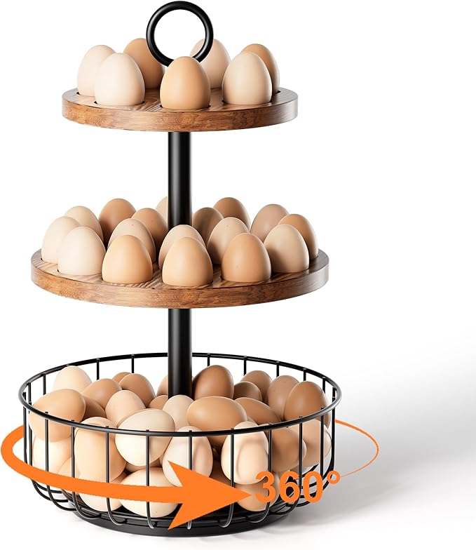 3-Tier 360° Rotating Egg Holder with 24+40 Egg Capacity - Rustic Farmhouse Kitchen Counter Organizer, Tiered Storage Rack with Ventilated Wooden Trays & Metal Basket for Easy Access and Freshness