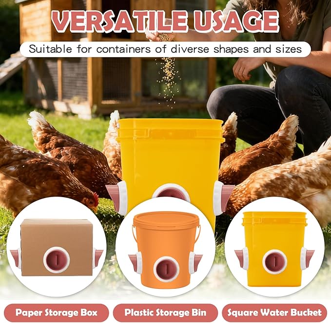 Chicken Feeders No Waste, DIY Automatic Poultry Feeder 8 Ports 1 Hole Saw with Covers Gravity Feed Kit for Buckets Barrels Bins Troughs (Pink and White)