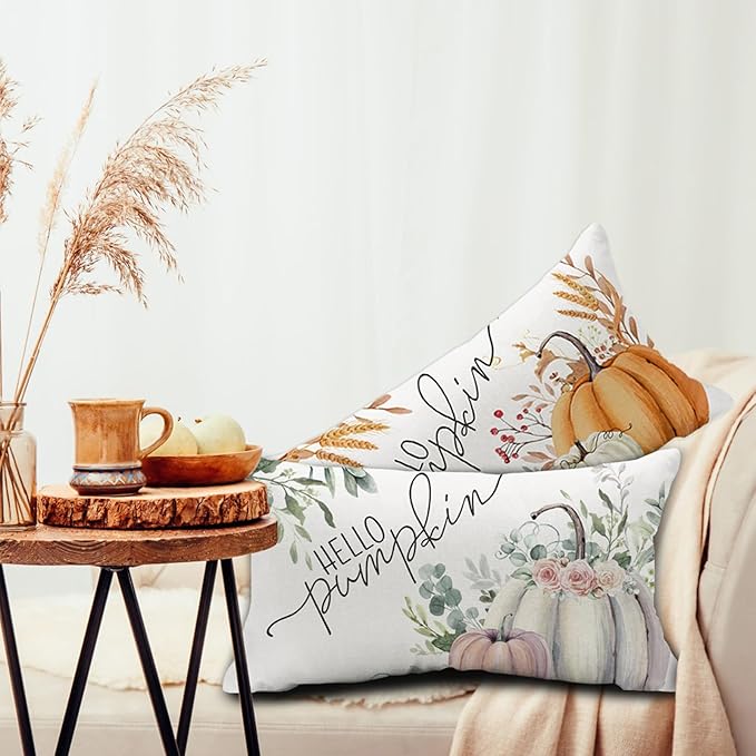 Thanksgiving Day Hello Pumpkin Eucalyptus Leave Throw Pillow Cover 12x20 Inch, Fall Autumn Thankful Harvest Decoration for Home Sofa Couch