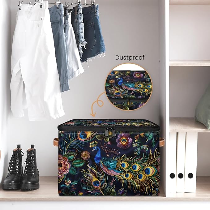 Peacock Animal Bird Feathers Storage Bins With Lids Fabric Collapsible Storage Box with Leather Handles for Home Bedroom Foldable Closet Shelf Organizer