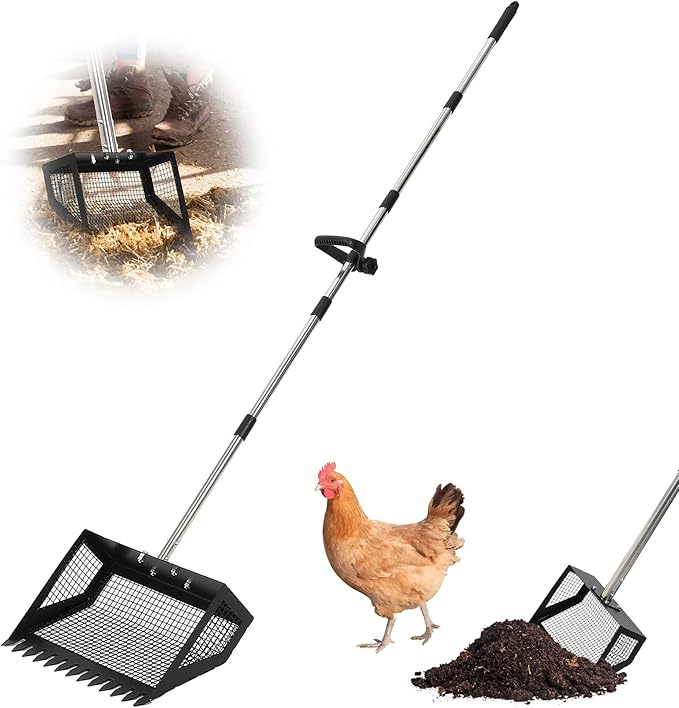 Garvee Chicken Poop Scooper and Rake 2-in-1, 15'' Wide Chicken Coop Scoop with 24'' - 68.8'' Adjustable Handle for Pet Waste Cleaning, Metal Sifting Shovel, Heavy Duty Cleaning Tools, Black
