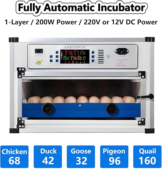 Poultry Pigeon & Game Bird Egg Incubators with Auto Turn & Smart Temp/Humidity Control & Egg Candler Poultry Hatcher Machine for Hatching Eggs Adjustable Rollers for Any Egg Size 68eggs