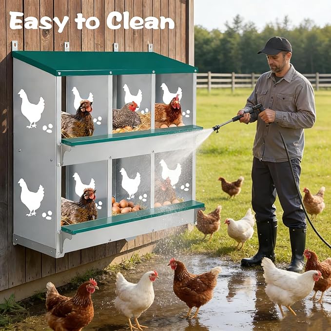 Garvee Large Metal Chicken Nesting Boxes for Hens, 6 Compartment Galvanized Steel Nesting Box with Legs, Includes 4 Fake Eggs & 10 Soft Nest Pads, Wall Mount or Freestanding for Coop & Farm