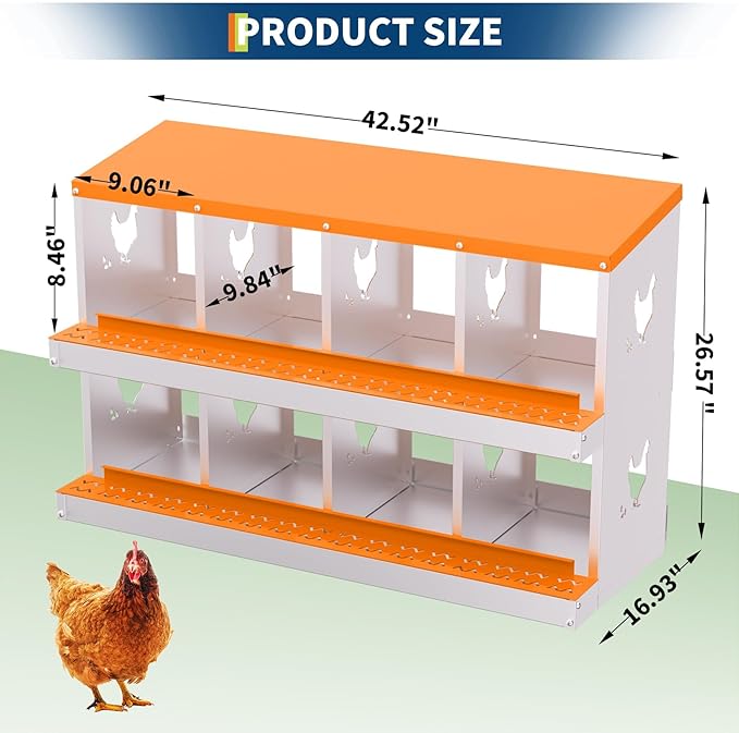 8 Compartment Chicken Nesting Box, Wall Mount Hen Laying Boxes with Removable Trays, 8-Hole Galvanized Steel Metal Hanging Poultry Nest for Backyard, Farms, and Chicken Coop, Egg Collection