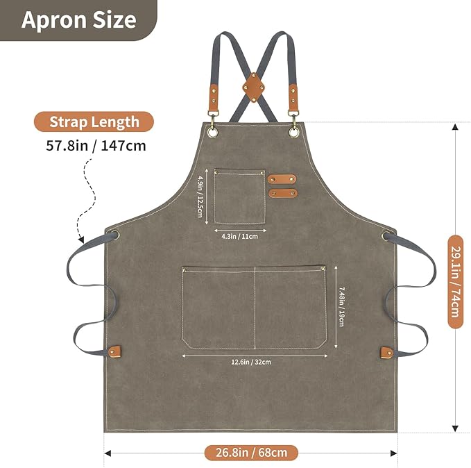 AOLEBA Aprons for Men & Women,Canvas Chef Apron with Cross Back Adjustable,For Kitchen, Garden, Cafe, Gifts for Dad Father Men, M-XXL (Grey Brown)